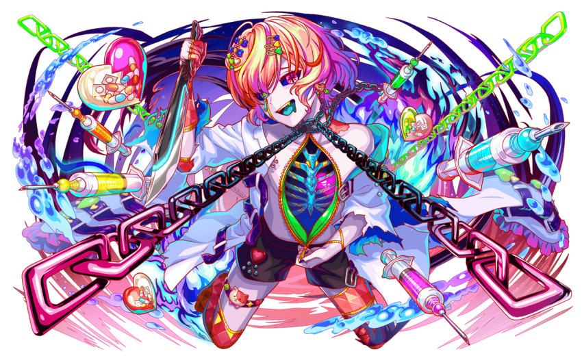 animal_ornament, aqua_tongue, artist_request, asymmetrical_legwear, belt, belt_buckle, belted_coat, black_shirt