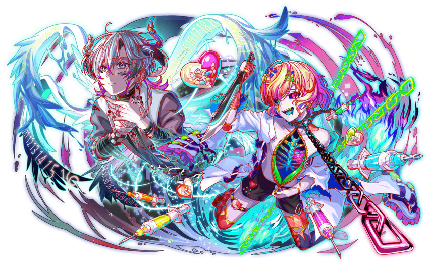 1boy, 2boys, animal_ornament, aqua_eyes, aqua_tongue, arm_wrap, artist_request, asymmetrical_legwear