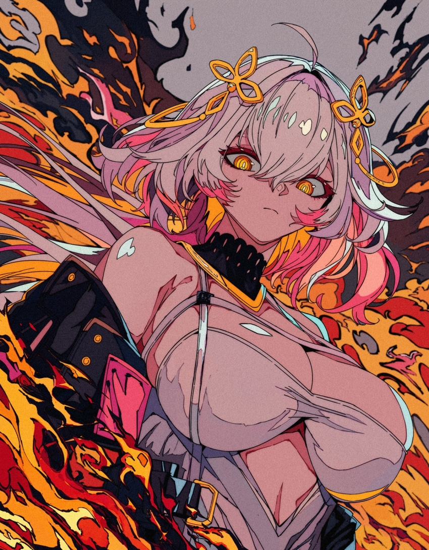 1girl, ahoge, alternate_hair_color, bare_shoulders, black_collar, black_jacket, black_sleeves, breasts