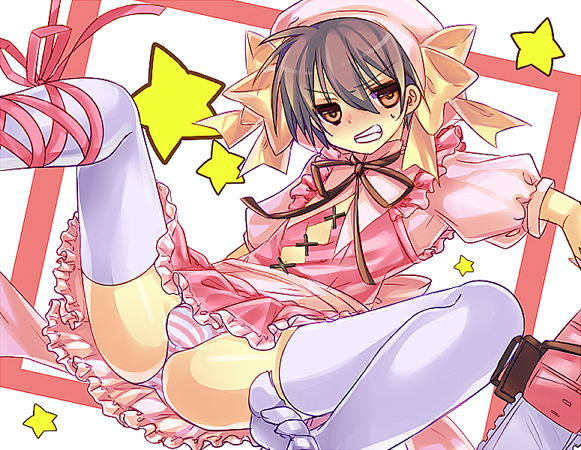 10s, 1boy, aikawa_ayumu, blush, bow, bulge, chainsaw, crossdressing