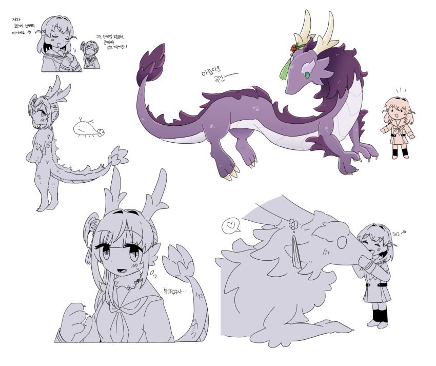 2girls, ^_^, animal_ears, closed_eyes, commentary_request, crossed_bangs, dragon, dragon_ears, dragon_girl, dragon_horns, dragon_tail, dress, eastern_dragon, eastern_dragon_horns, eastern_dragon_tail, flower, flying_sweatdrops, furry, furry_female, green_eyes, hair_bun, hair_ornament, hasu_no_sora_school_uniform, heart, highres, hinoshita_kaho, horn_flower, kiruzzy, korean_commentary, korean_text, link!_like!_love_live!, long_sleeves, love_live!, medium_hair, multiple_girls, multiple_views, neckerchief, open_mouth, otomune_kozue, partially_colored, rabbit_hair_ornament, red_flower, sailor_collar, sailor_dress, school_uniform, side_ponytail, sidelocks, single_side_bun, size_difference, socks, solid_circle_eyes, spoken_heart, standing, translation_request, two_side_up, u_u, virtual_youtuber, white_background, winter_uniform