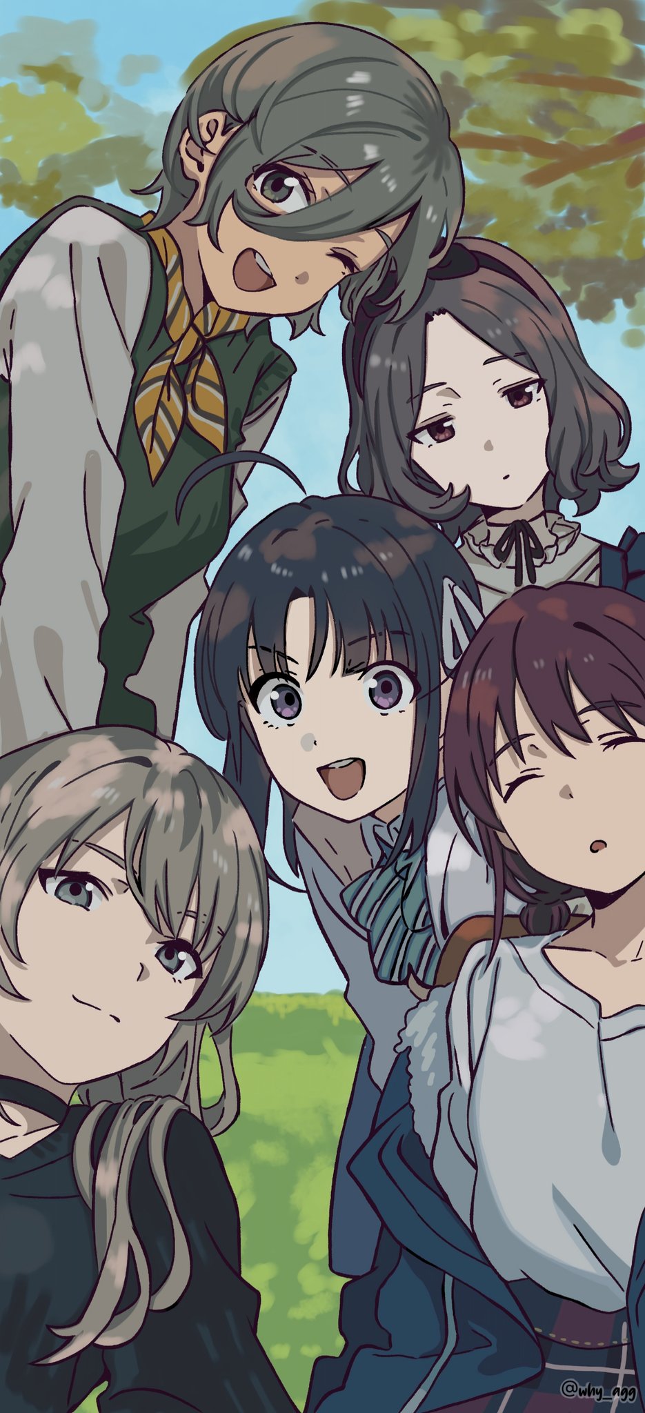 5girls, a_whydc, ahoge, awa_subaru, black_choker, black_hair, black_hairband, black_sweater