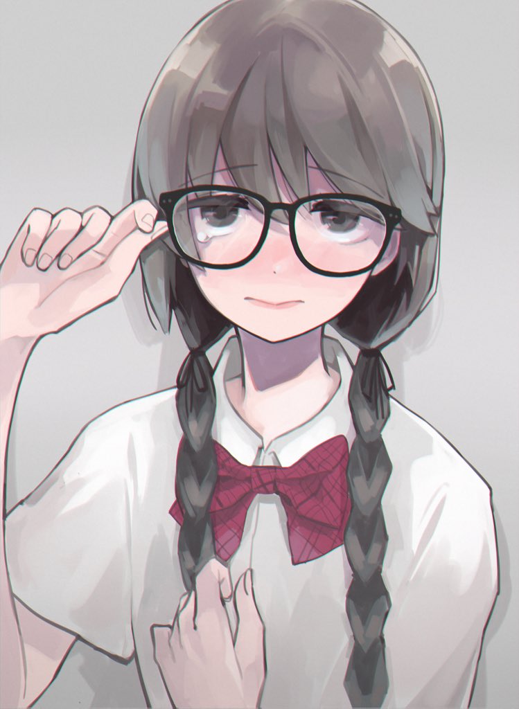 1girl, black_eyes, braid, brown_hair, cowboy_shot, glasses, inoue_warabi, jimiko, original, red_ribbon, ribbon, sad, school_uniform, shirt, solo, tears, white_shirt
