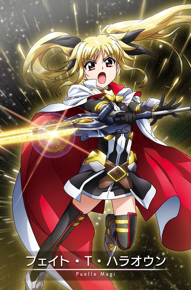 1girl, armored_gloves, bardiche_(nanoha), bardiche_(straight_saber_form)_(nanoha), belt, black_gloves, blonde_hair, cape