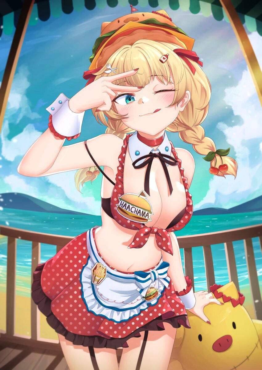 1girl, :q, absurdres, akai_haato, akai_haato_(waitress), aqua_eyes, atpoppet, beach, bikini, blonde_hair, blush, braid, breasts, day, hair_ornament, hashtag-only_commentary, highres, hololive, long_hair, looking_at_viewer, medium_breasts, midriff, nail_polish, navel, ocean, official_alternate_costume, red_bikini, red_nails, smile, solo, swimsuit, tongue, tongue_out, twin_braids, v, v_over_head, virtual_youtuber