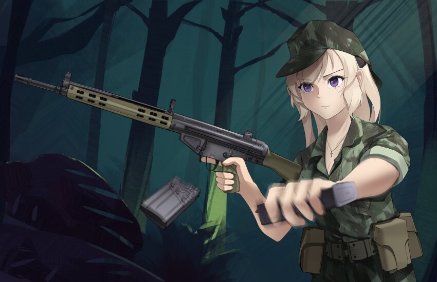 1girl, absurdres, ammunition_pouch, angola, battle_rifle, belt, blonde_hair, breasts, brown_belt, bush, camouflage, camouflage_headwear, camouflage_jacket, cleavage, cross, cross_necklace, forest, g3_(girls'_frontline), gewehrbroker, girls'_frontline, green_shirt, gun, h&amp;k_g3, highres, jacket, jewelry, jungle, light_smile, long_hair, magazine_(weapon), nature, necklace, pouch, purple_eyes, reloading, rifle, shirt, sleeves_rolled_up, tree, trigger_discipline, upper_body, weapon