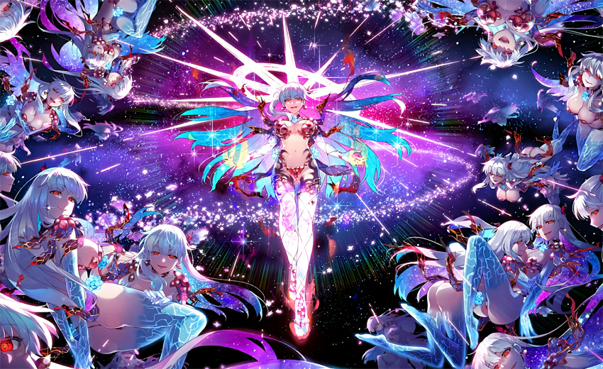 6+girls, armor, ass, bikini_armor, blue_hair, breasts, clone, colored_inner_hair, demon, demon_girl, fate/grand_order, fate_(series), floating, floating_hair, galaxy, glint, gradient_skin, groin, halo, high_heels, highres, kama_(adult)_(fate), kama_(beast_iii/l)_(fate), kama_(fate), large_breasts, looking_at_viewer, multicolored_hair, multiple_girls, official_art, pink_hair, purple_hair, red_eyes, redrop, shiny_skin, star_(symbol), star_symbol_background, starry_hair, starry_skin, starry_sky_print, wheel_of_dharma, white_hair