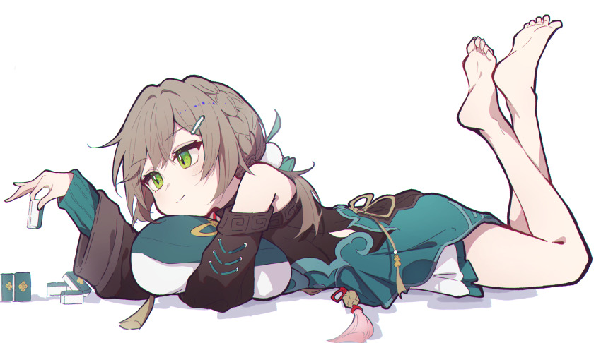 1girl, aitekku, bare_legs, bare_shoulders, barefoot, black_shirt, commentary_request, dorsiflexion