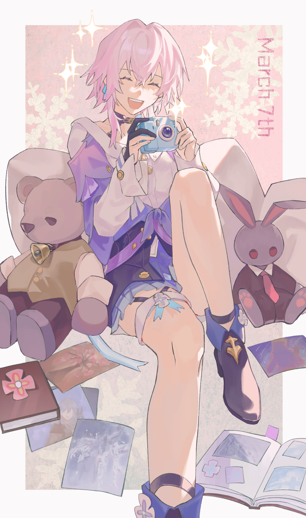 1girl, black_boots, black_gloves, blue_boots, book, boots, camera, character_name, chinese_commentary, closed_mouth, commentary_request, foot_out_of_frame, gloves, hands_up, highres, holding, holding_camera, honkai:_star_rail, honkai_(series), march_7th_(honkai:_star_rail), march_7th_(preservation)_(honkai:_star_rail), miniskirt, multicolored_boots, open_mouth, partially_fingerless_gloves, pink_hair, short_hair, skirt, smile, solo, sparkle, sparkling_aura, star_(symbol), stuffed_animal, stuffed_toy, teddy_bear, teeth, two-tone_boots, upper_teeth_only, zhao_yi