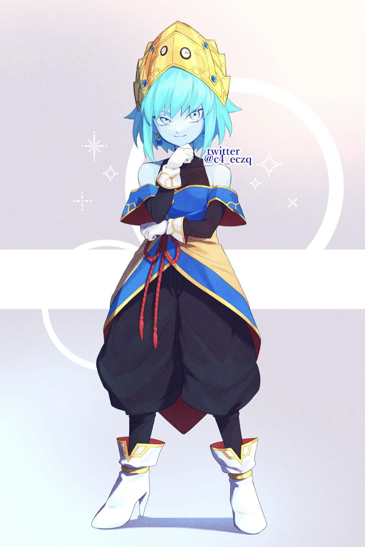 1girl, aeos_(dragon_ball), bare_shoulders, black_pants, black_shirt, black_sleeves, blue_eyes, blue_hair, blue_robe, blue_skin, boots, closed_mouth, colored_skin, detached_sleeves, dragon_ball, dragon_ball_heroes, earrings, flat_chest, full_body, gloves, gold_headdress, hand_on_own_chin, high_heel_boots, high_heels, jewelry, kaioushin, looking_to_the_side, nana_tsuba_(pixiv78353289), pants, petite, potara_earrings, red_rope, robe, rope, shirt, short_hair, sleeveless, sleeveless_shirt, sleeveless_turtleneck, smile, solo, sparkle, turtleneck, twitter_username, white_boots, white_gloves