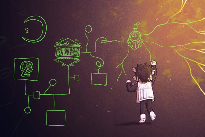 1girl, black_hair, black_shirt, commentary, highres, jacket, library_of_ruina, limbus_company, lobotomy_corporation, lobotomy_corporation_logo, logo, marker, meat_(goldfish940602), multicolored_hair, project_moon, schna_jang, shirt, sleeveless, sleeveless_jacket, solo, untranslatable_commentary, white_footwear, white_hair, white_jacket