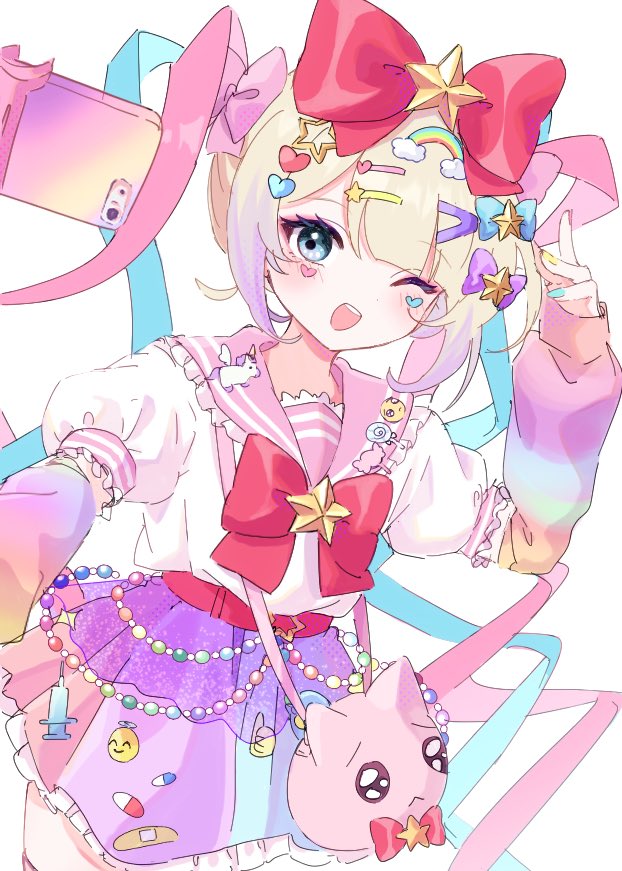 1girl, animal_bag, arm_warmers, blonde_hair, blue_bow, blue_eyes, blue_hair, bow