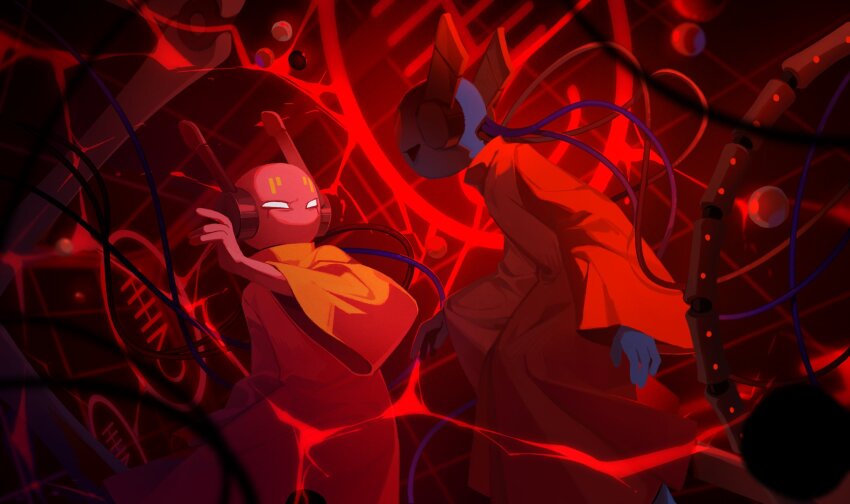 1boy, 1girl, androgynous, android, blank_eyes, blue_skin, cable, colored_skin