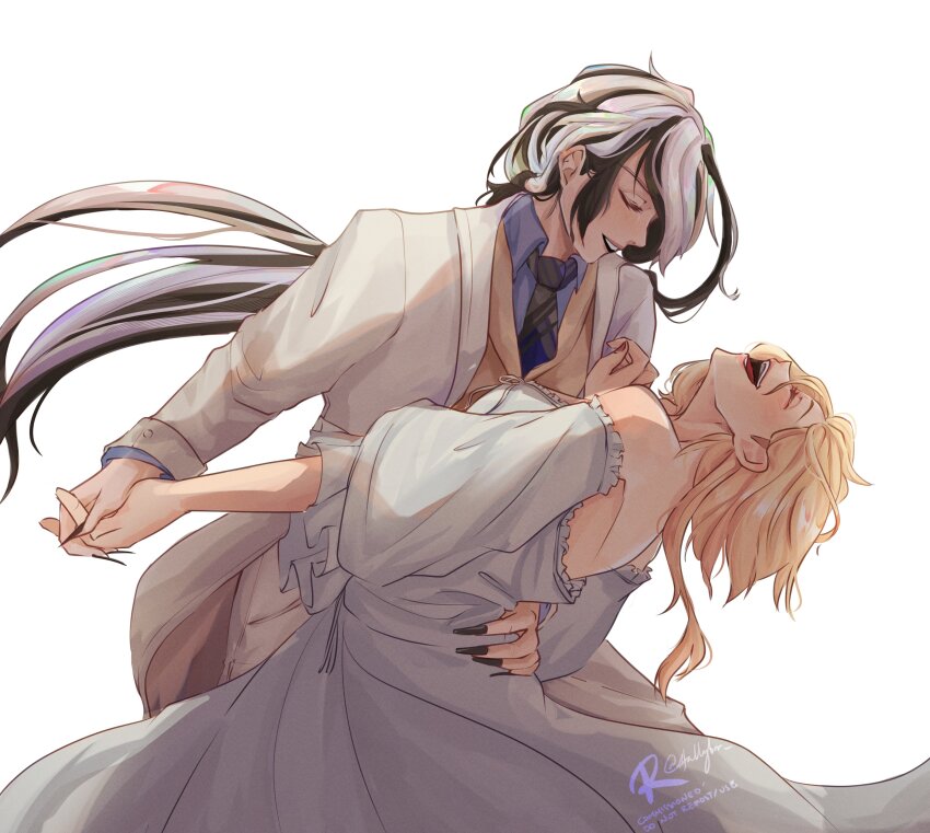 2girls, absurdres, arlecchino_(genshin_impact), bare_shoulders, black_hair, black_necktie, blonde_hair, blue_shirt