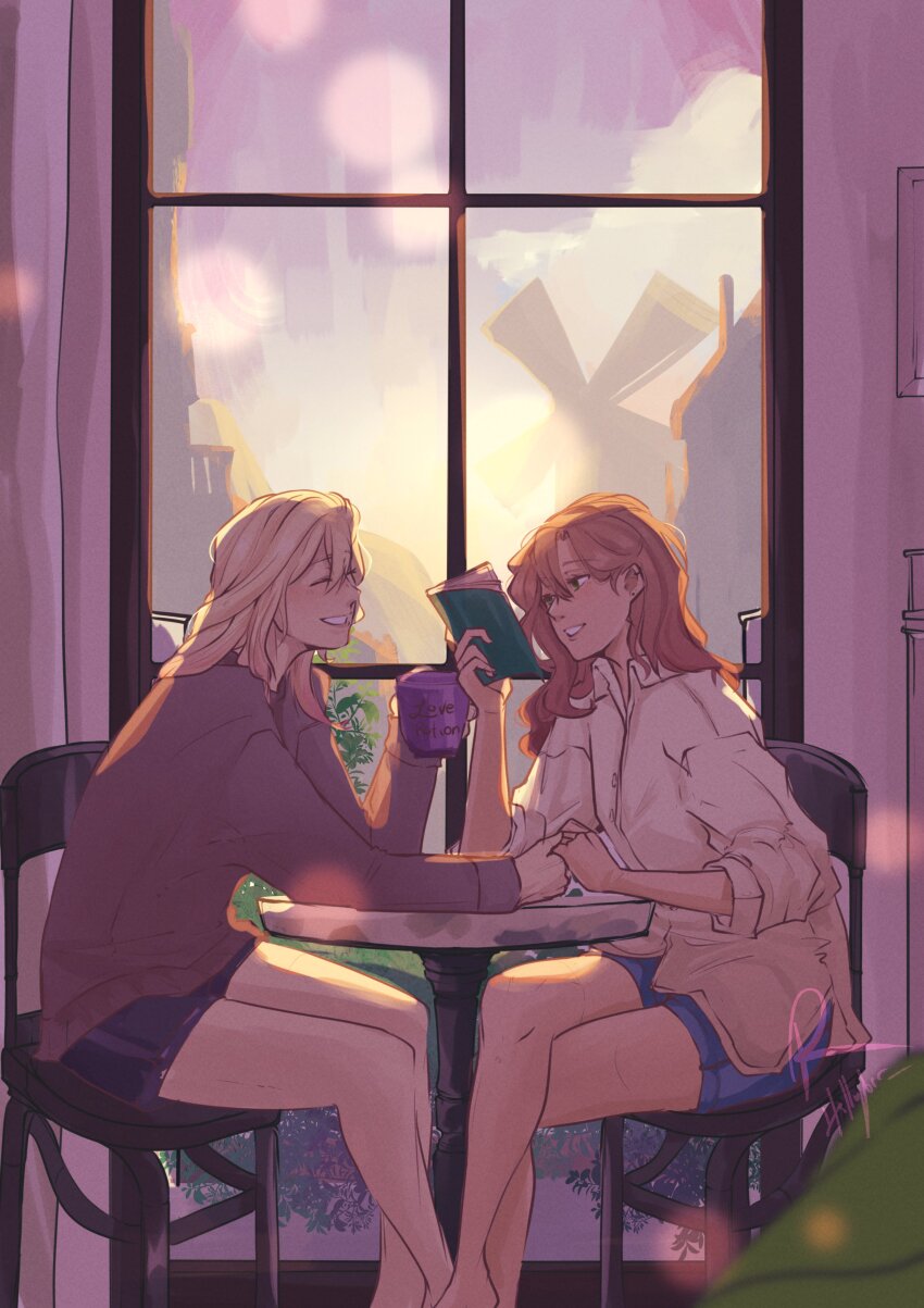 2girls, absurdres, blonde_hair, blue_shorts, book, brown_hair, coffee_mug, collared_shirt