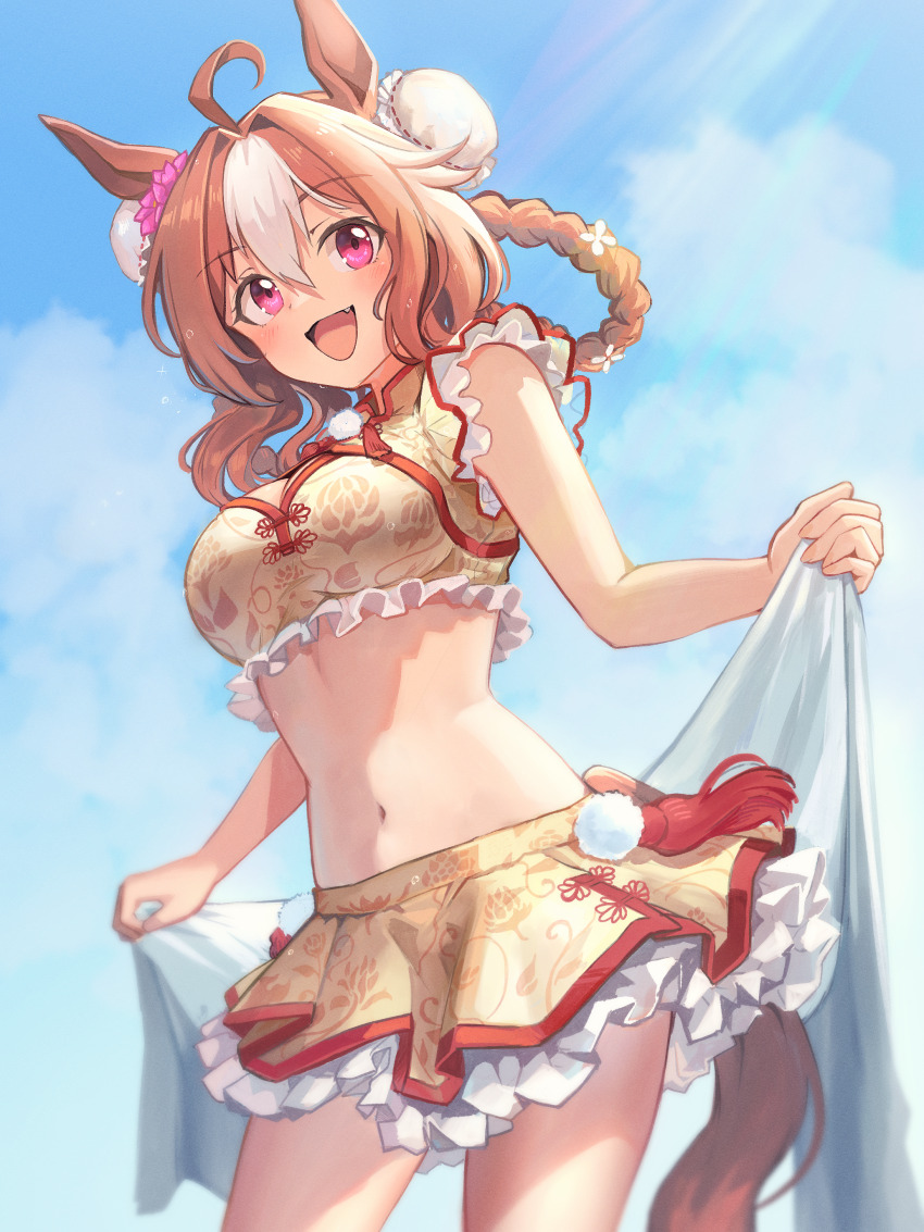 1girl, absurdres, ahoge, animal_ears, bikini, blush, breasts, cloud