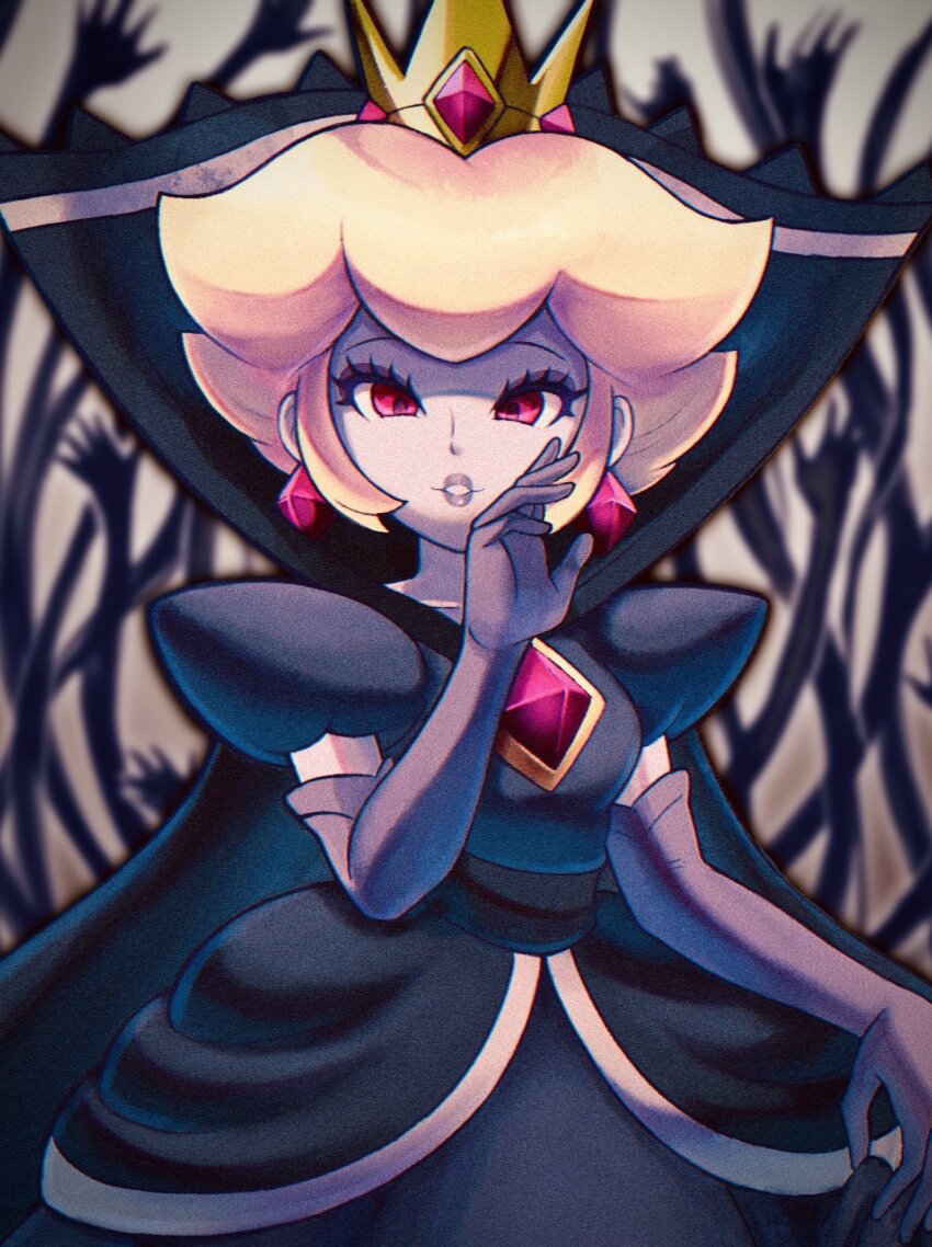 alternate_costume, alternate_eye_color, blonde_hair, chest_jewel, commshoo, corruption, crown, dark_persona, dress, earrings, elbow_gloves, eyeshadow, gem, gloves, hand_up, hands_up, highres, holding, holding_own_dress, holding_unworn_clothes, jewelry, lipstick, looking_at_viewer, makeup, mario_(series), medium_hair, nintendo, official_alternate_costume, paper_mario, paper_mario:_the_thousand-year_door, possessed, possession, princess, princess_peach, purple_eyeshadow, purple_lips, queen, red_eyes, red_gem, shadow_queen, smile, super_mario_bros._1