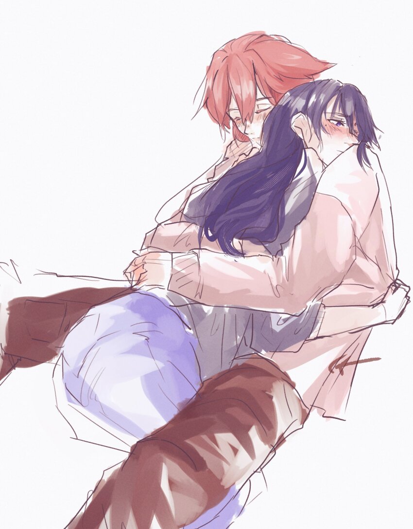 2girls, absurdres, between_legs, blue_pants, blush, closed_eyes, closed_mouth, commentary_request