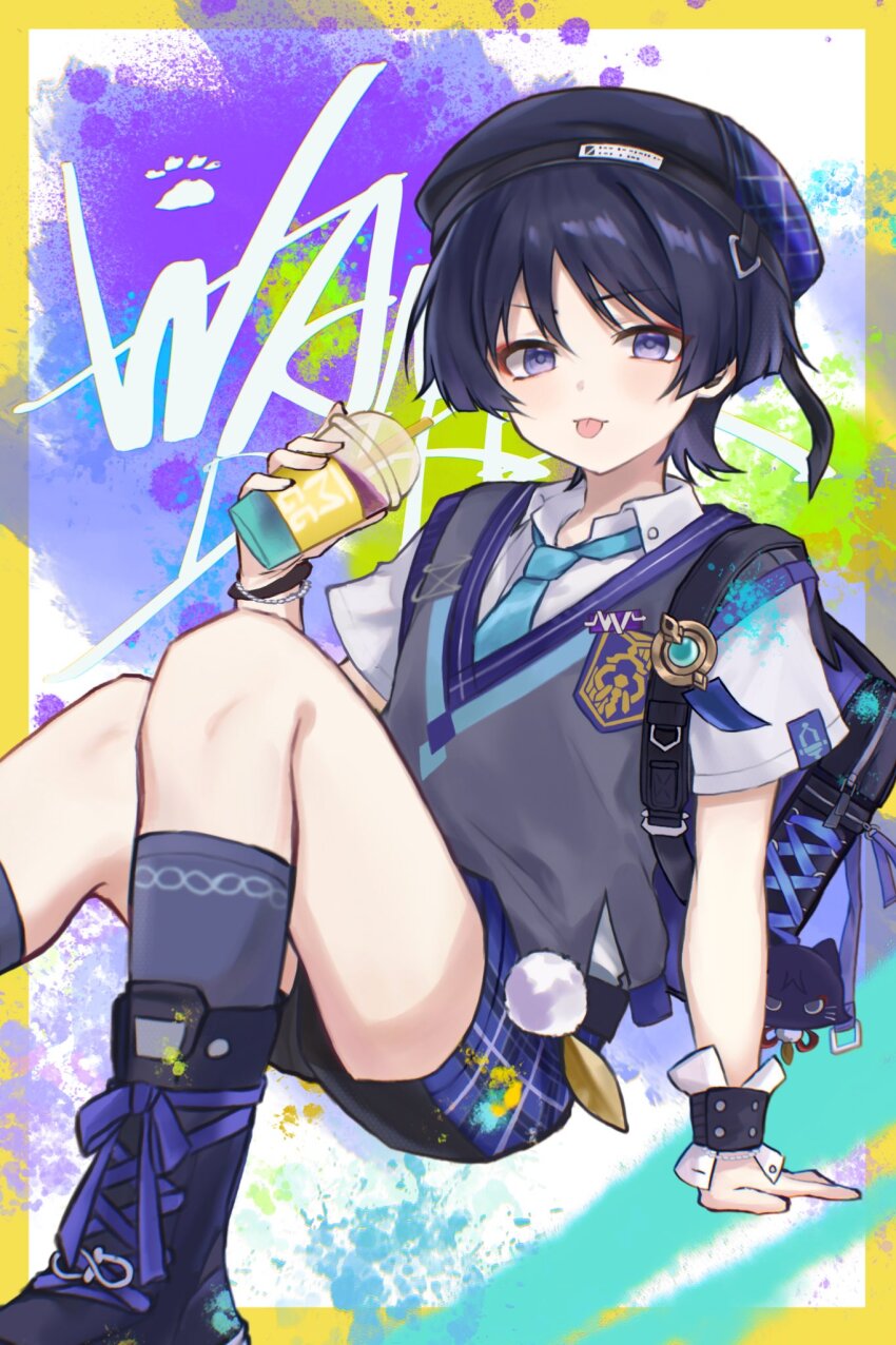 1boy, alternate_costume, aqua_necktie, baby_bottle, bag, beret, blunt_ends, bottle