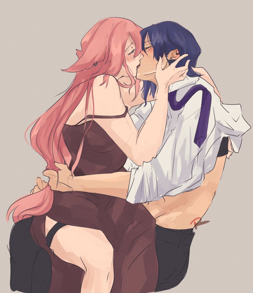 2girls, absurdres, animal_ears, black_bra, black_pants, blue_hair, blush, bra