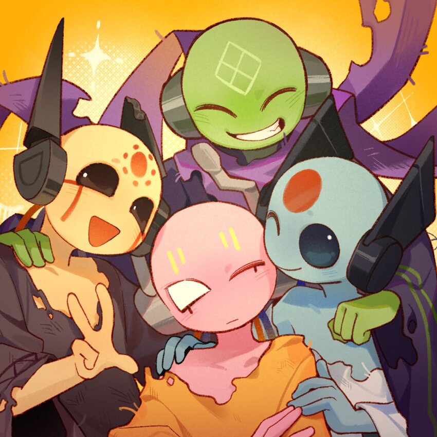 1girl, 1other, 2boys, :d, ;), ^_^, androgynous, android