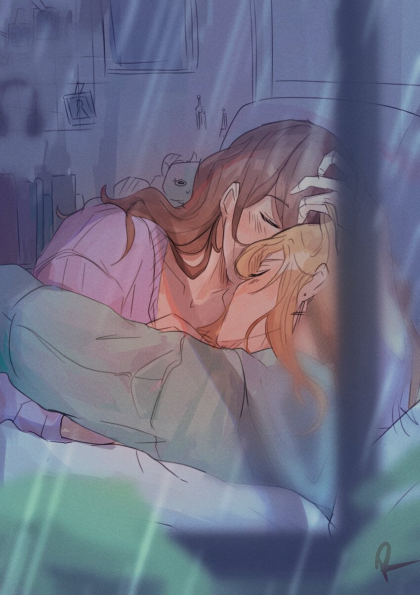 2girls, absurdres, blonde_hair, blush, brown_hair, closed_eyes, commentary, cuddling, earrings, english_commentary, from_outside, genshin_impact, green_sweater, hallybrr, highres, indoors, jean_(genshin_impact), jewelry, lisa_(genshin_impact), long_hair, multiple_girls, purple_sweater, sleeping, sweater, yuri