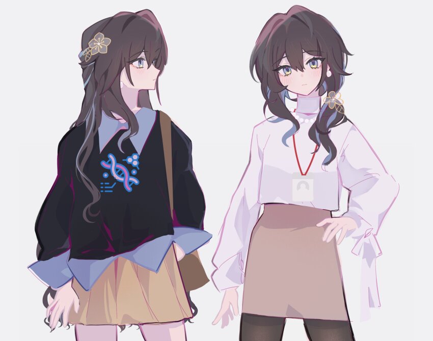 1boy, 1girl, alternate_costume, alternate_hairstyle, brown_hair, brown_skirt, collared_shirt, commentary