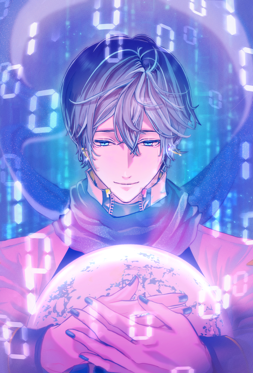 1boy, absurdres, blue_eyes, blue_hair, blue_nails, blue_scarf, coat, colored_eyelashes