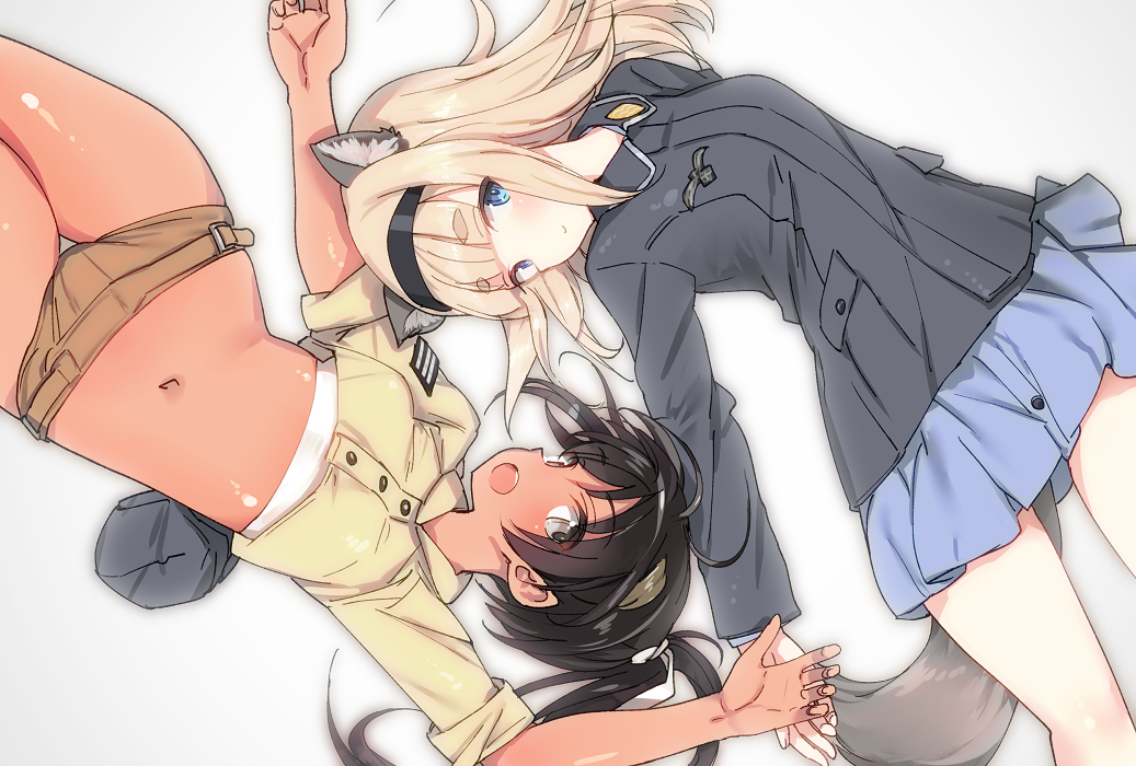 2girls, animal_ears, arched_back, black_hairband, blonde_hair, bow, brown_eyes, brown_hair