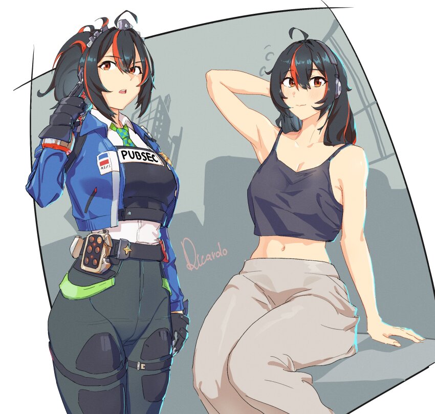 1girl, bare_shoulders, black_gloves, black_hair, blue_jacket, breasts, checkered_necktie, cleavage, gloves, hair_between_eyes, hairband, headphones, high-waist_pants, highres, holster, jacket, long_hair, looking_at_viewer, metal_hairband, multicolored_hair, navel, necktie, orange_eyes, pants, police, police_badge, police_uniform, policewoman, ponytail, red_hair, shirt, shoulder_holster, solo, streaked_hair, sweatpants, tank_top, thedicardo, tight_clothes, tight_pants, zenless_zone_zero, zhu_yuan