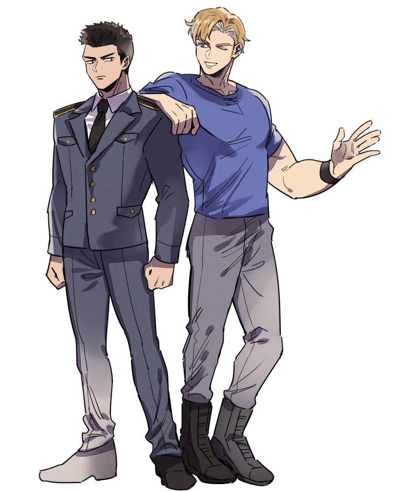 2boys, ao_isami, black_hair, blonde_hair, couple, facial_hair, formal_clothes, lewis_smith