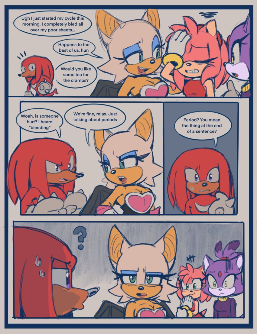 1boy, 3girls, ?, amy_rose, bat_wings, blaze_the_cat, breasts, cleavage, elbow_gloves, english_text, furry, furry_female, furry_male, gloves, green_eyes, highres, knuckles_the_echidna, medium_breasts, multiple_girls, purple_eyes, qkora01, rouge_the_bat, sonic_(series), white_gloves, wings, yellow_eyes