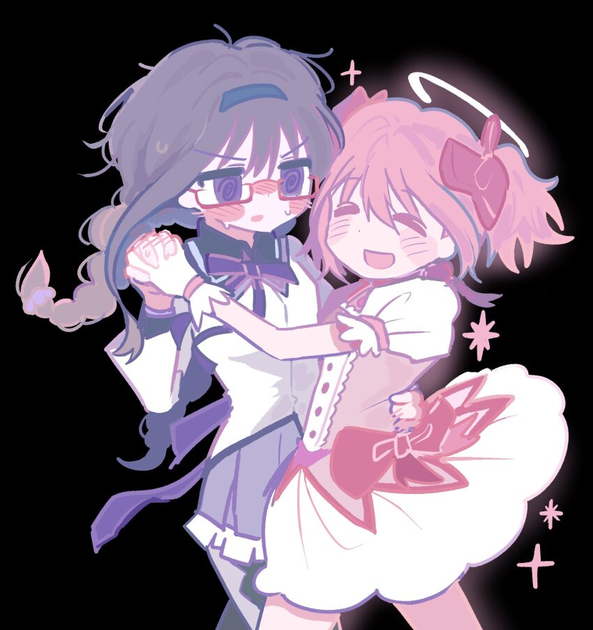 2girls, @_@, akemi_homura, akemi_homura_(magical_girl), black_background, black_hair, blush, closed_eyes