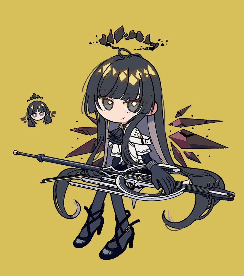 1girl, arknights, ascot, black_ascot, black_footwear, black_gloves, black_hair, black_pantyhose, black_skirt, bow_(music), bracelet, broken_halo, chibi, commentary, elbow_gloves, gloves, grey_eyes, halo, highres, holding, holding_bow_(music), holding_instrument, instrument, jacket, jewelry, light_smile, long_hair, looking_at_viewer, pantyhose, sanada_ima, sidelocks, skirt, solo, very_long_hair, virtuosa_(arknights), white_jacket, wings