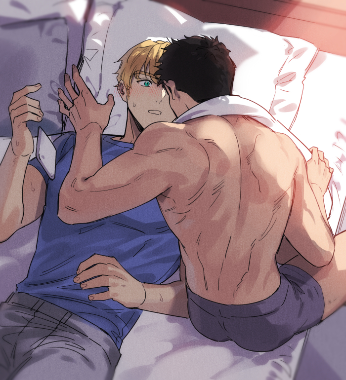 2boys, afterglow, ao_isami, bara, black_hair, blonde_hair, blush, boxer_briefs