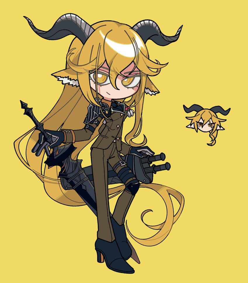 1girl, absurdly_long_hair, animal_ears, arknights, black_footwear, blonde_hair, commentary, degenbrecher_(arknights), formal_clothes, goat_ears, goat_girl, goat_horns, green_suit, hair_between_eyes, highres, holding, holding_sword, holding_weapon, horns, long_hair, looking_at_viewer, medal, sanada_ima, sheath, sheathed, sidelocks, simple_background, smile, solo, suit, sword, very_long_hair, weapon, yellow_background, yellow_eyes