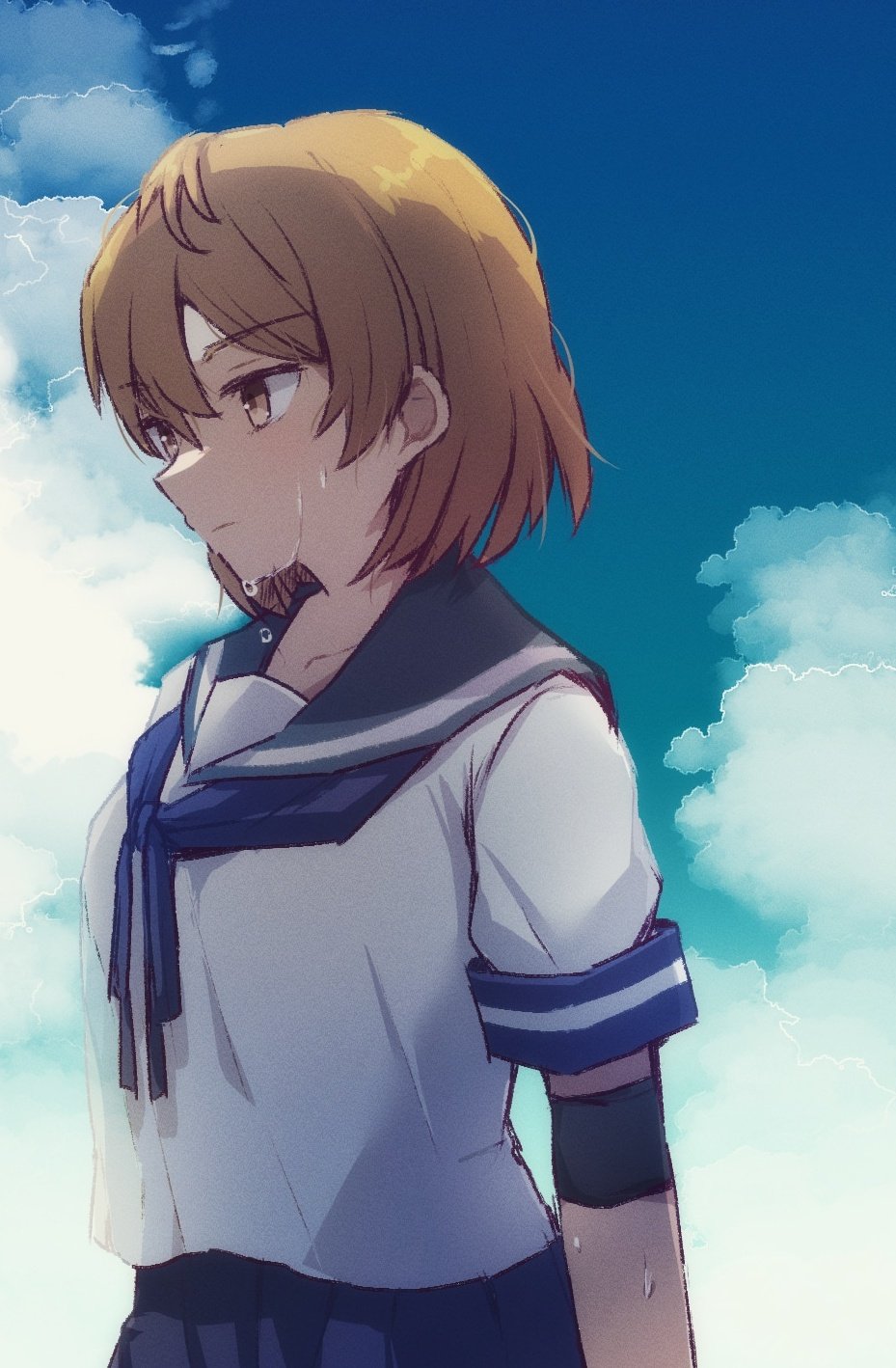 1girl, blue_neckerchief, blue_sailor_collar, blue_skirt, blue_sky, brown_eyes, brown_hair, cloud