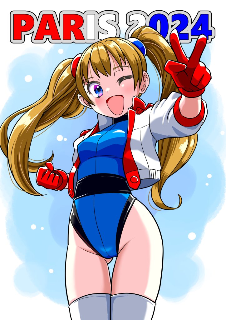 1girl, 2024_summer_olympics, belt, black_belt, blonde_hair, blue_eyes, blue_leotard, country_connection, cropped_jacket, gloves, gluteal_fold, hiro68, jacket, leotard, long_hair, numan_athletics, olympics, one_eye_closed, red_gloves, sharon_les_halles, smile, solo, thigh_gap, twintails, v, white_jacket, white_leotard