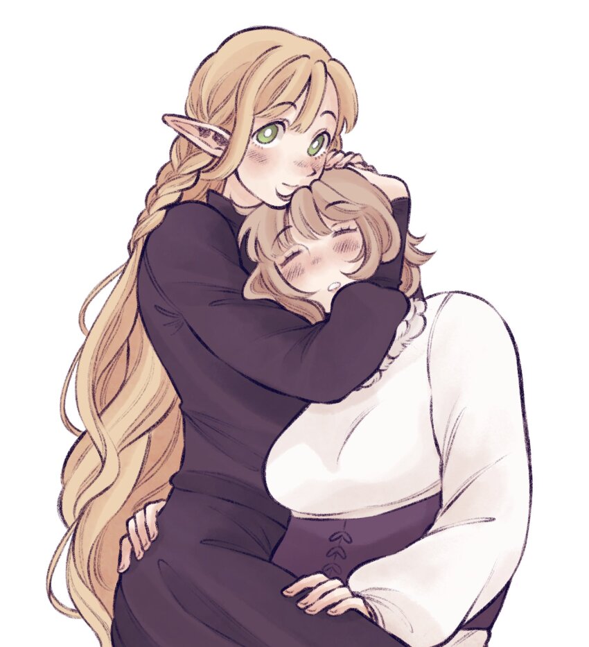 2girls, black_dress, blonde_hair, closed_eyes, commentary, couple, dress, dungeon_meshi, elf, falin_touden, falin_touden_(tallman), feathers, ginakusgf, green_eyes, hand_on_another's_hip, hand_on_another's_thigh, hands_on_another's_head, highres, hug, long_hair, looking_to_the_side, marcille_donato, multiple_girls, parted_lips, pointy_ears, short_hair, simple_background, sitting, sitting_on_lap, sitting_on_person, spoilers, white_background, white_feathers, yuri