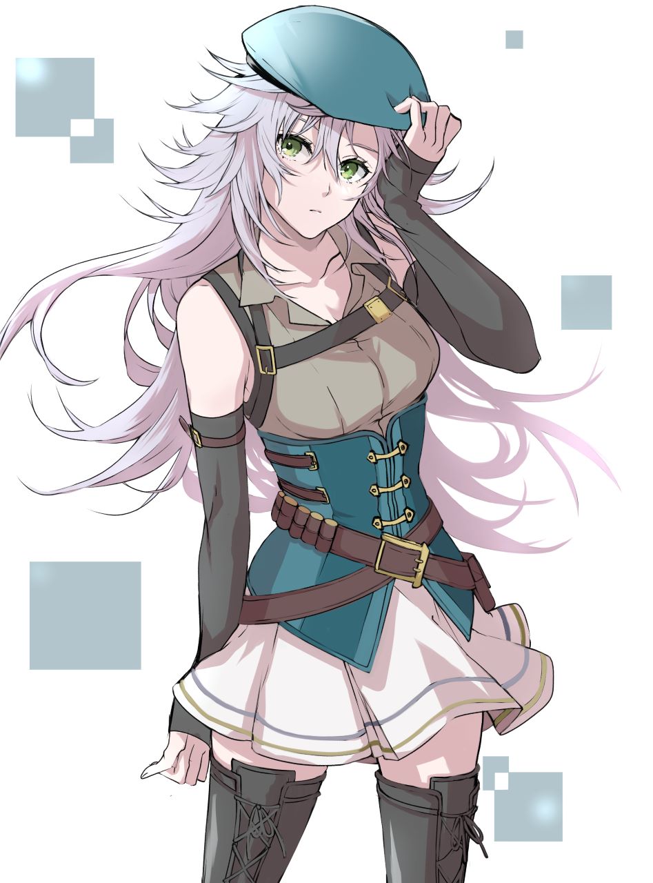 1girl, beret, boots, breasts, detached_sleeves, eiyuu_densetsu, fie_claussell, floating_hair