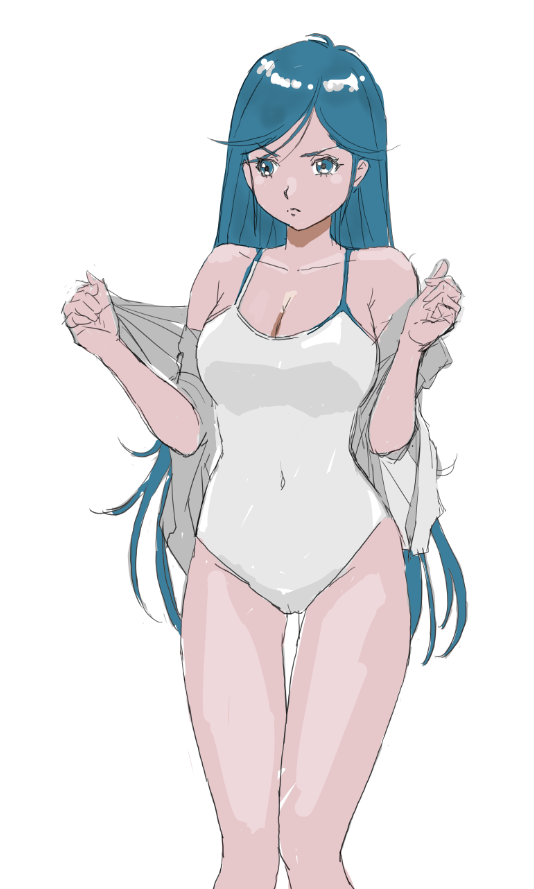 1girl, blue_eyes, blue_hair, breasts, character_request, choudenji_robo_combattler_v, collarbone, covered_navel