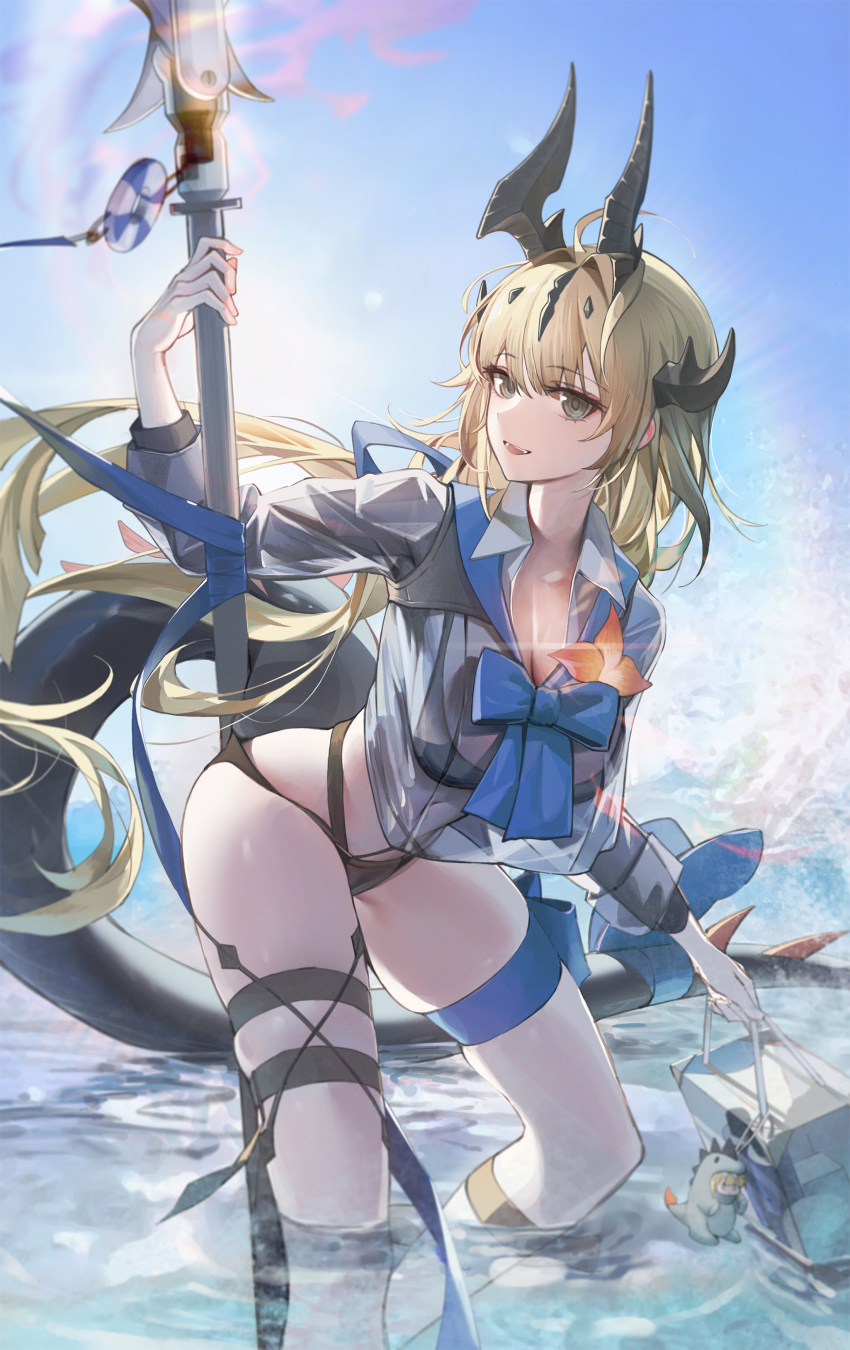 1girl, absurdres, ahoge, arknights, ascot, bag, bikini, black_bikini