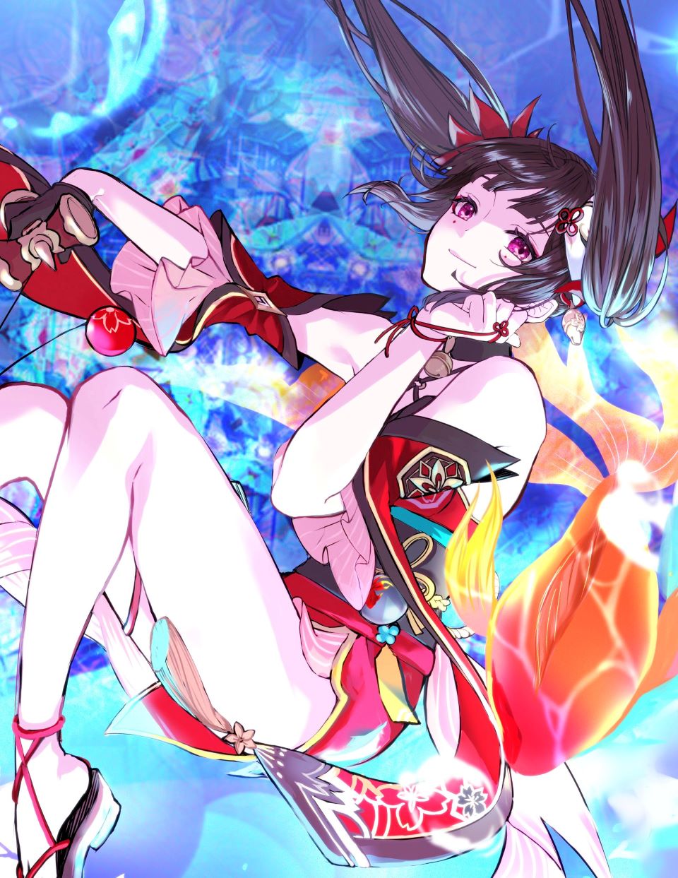 1girl, 1other, blunt_bangs, brown_hair, detached_sleeves, dress, fish, floating_hair