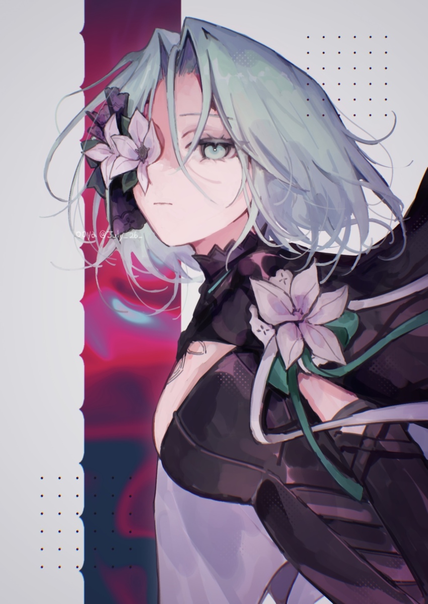 1girl, aqua_eyes, aqua_hair, arcaea, artist_name, black_cape, black_shirt, breasts