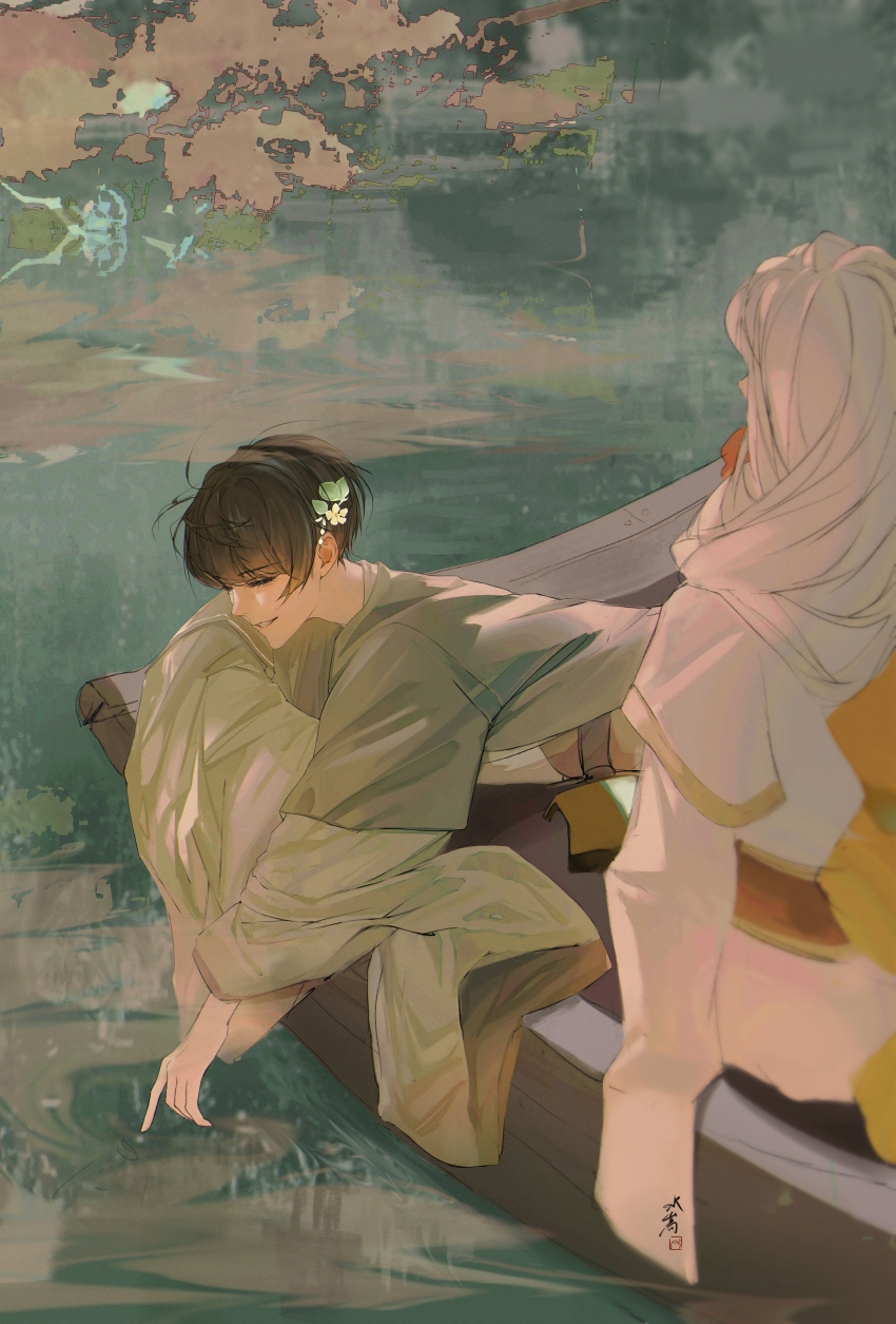 2boys, absurdres, alternate_costume, black_hair, boat, bowl_cut, chinese_clothes, chunzhanjia