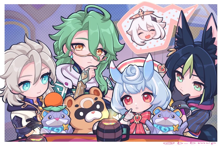 1girl, 3boys, :o, albedo_(genshin_impact), animal_ear_fluff, animal_ears, b_bmvp, baizhu_(genshin_impact)