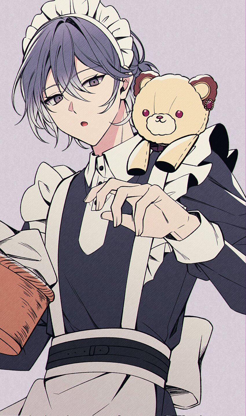 18trip, 1boy, apron, back_bow, bow, buttons, cowboy_shot, crossdressing, crossdressing_(mtf), dress, frilled_dress, frilled_sleeves, frills, grey_eyes, grey_hair, hachinoya_nagi, hair_between_eyes, hand_up, high_collar, highres, juliet_sleeves, laundry, laundry_basket, long_sleeves, looking_at_viewer, maid, maid_apron, maid_headdress, male_focus, male_maid, multicolored_hair, open_mouth, pochimaru_(marumaru_wanwan), ponytail, puffy_sleeves, simple_background, stuffed_animal, stuffed_toy, teddy_bear, two-tone_hair, white_background, white_bow, wrist_cuffs
