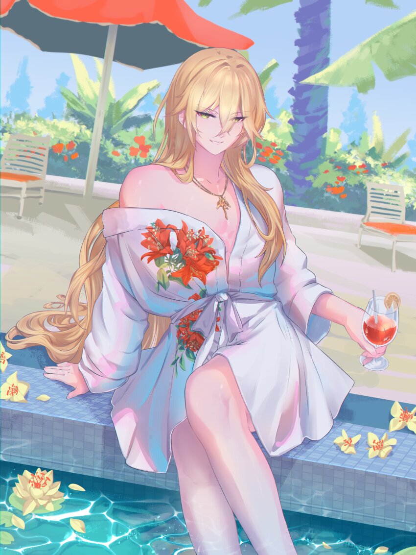 1boy, absurdres, androgynous, blonde_hair, chair, commentary, drink, english_commentary, flower, food, fruit, green_eyes, hair_between_eyes, highres, hitsukikurohebi, holding, holding_drink, honkai:_star_rail, honkai_(series), jewelry, lily_(flower), long_hair, looking_at_viewer, luocha_(honkai:_star_rail), male_focus, necklace, orange_(fruit), orange_slice, palm_tree, pool, red_flower, robe, single_off_shoulder, sitting, smile, solo, tree, umbrella, very_long_hair, white_robe