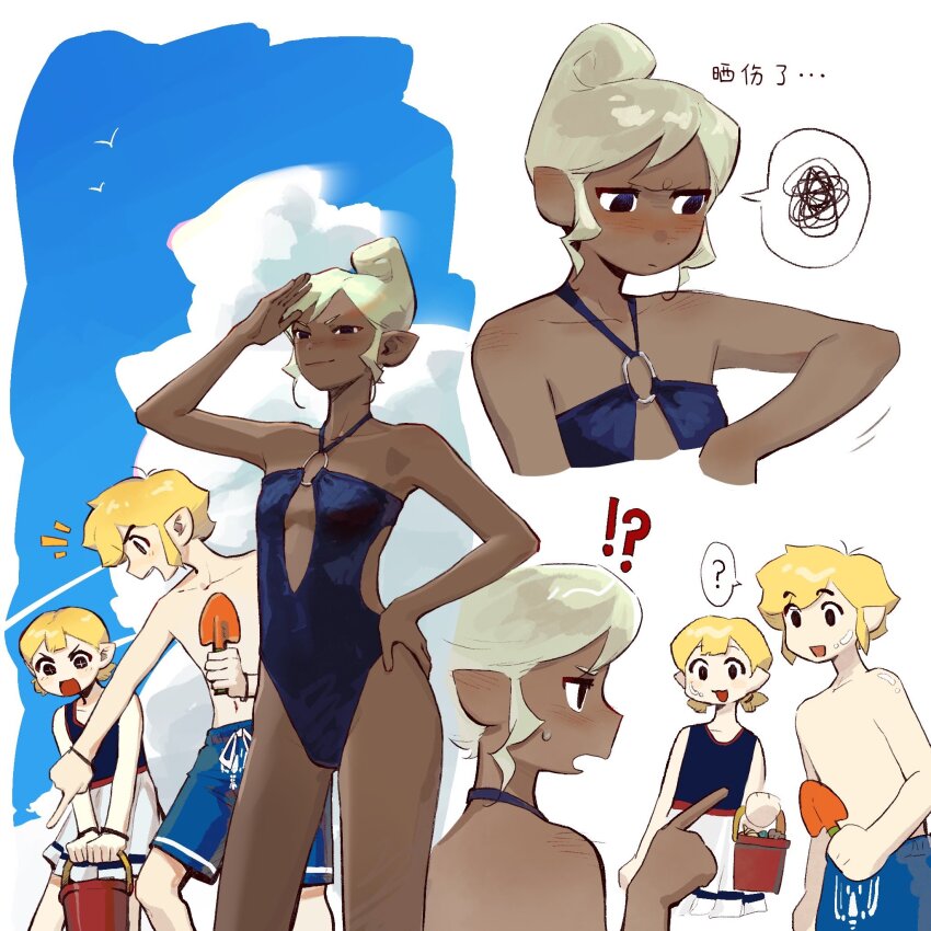 !?, 1boy, 2girls, ?, aryll, beach, blonde_hair, breasts