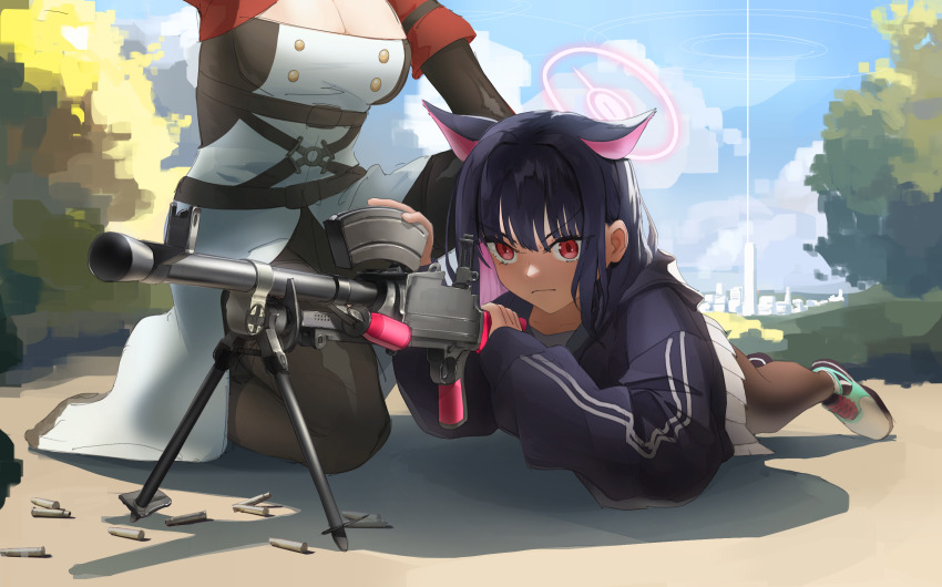 animal_ears, black_hair, black_jacket, blue_archive, boots, bren_(girls'_frontline), bren_(mod3)_(girls'_frontline), cat_ears